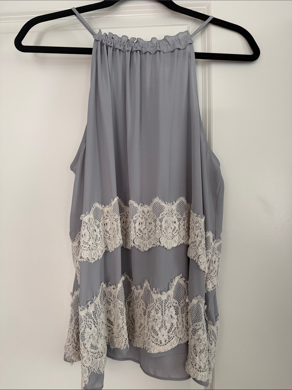 Loft Outlet light grey halter and lace shirt.